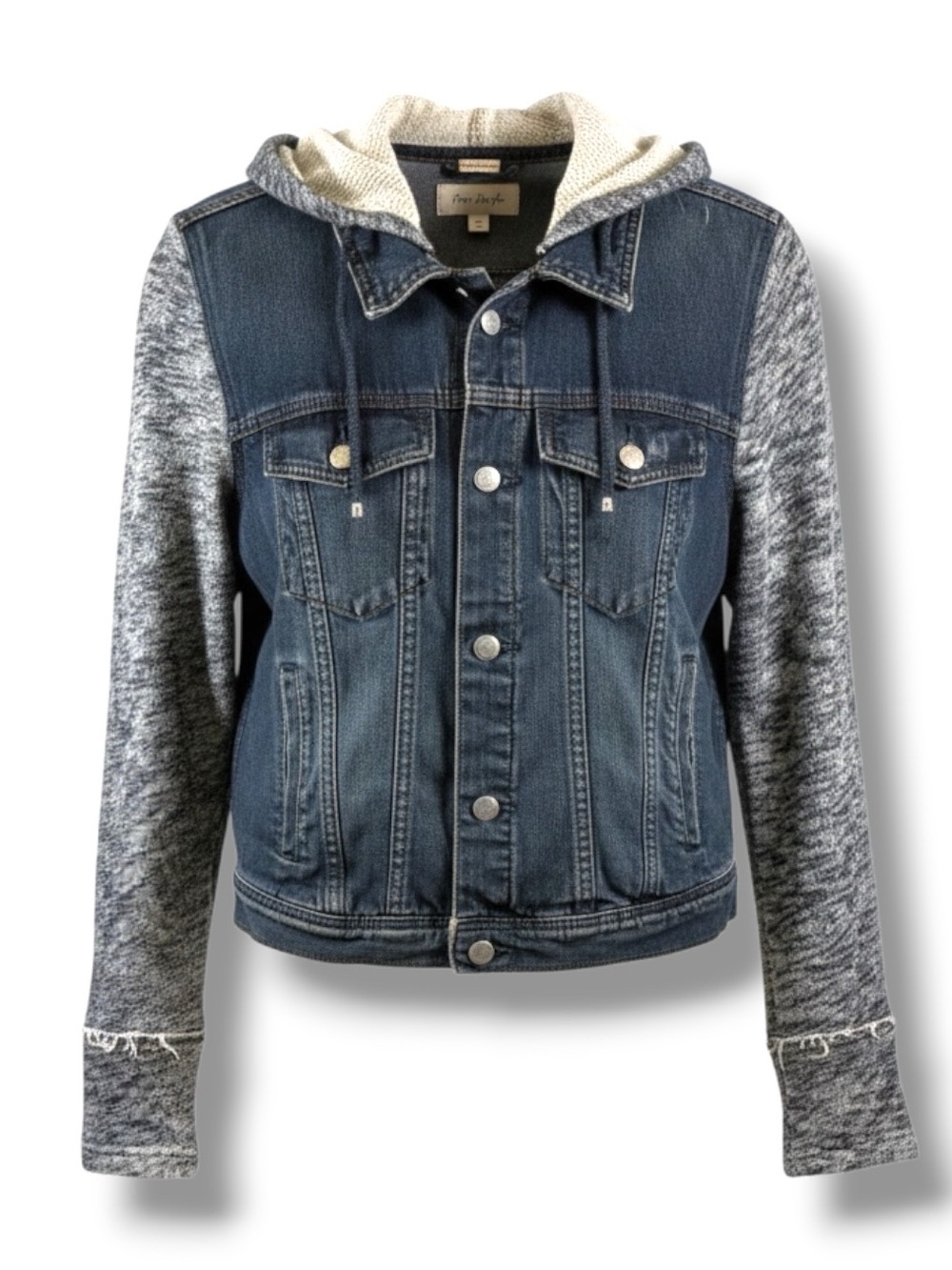 Free People Denim Fabric Distressed Hoodie Jacket in Black Size M